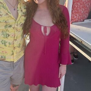 heartloom Hot Pink Knit Long Sleeve VNeck Dress w/ Tie Detail & Bell Sleeves